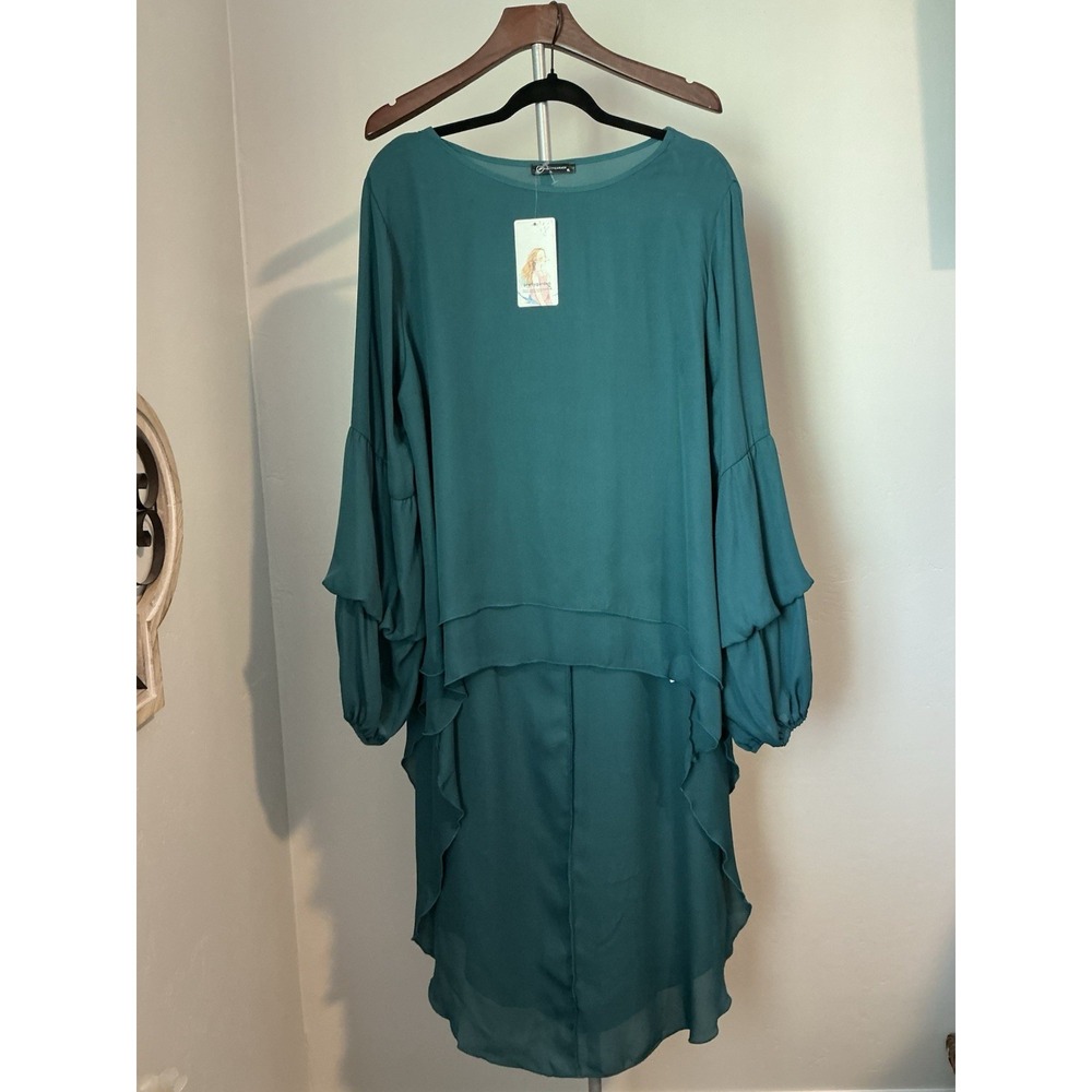 High-Low Ruffle Sleeve Tunic Top - Teal - Picture 8 of 14